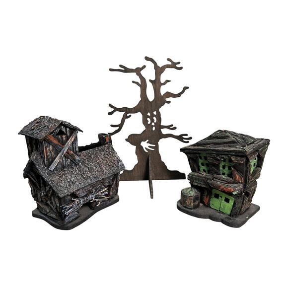Creepy Halloween Houses + Haunted Tree Cutout - Handcrafted VTG Fall Party Decor - Picture 1 of 7